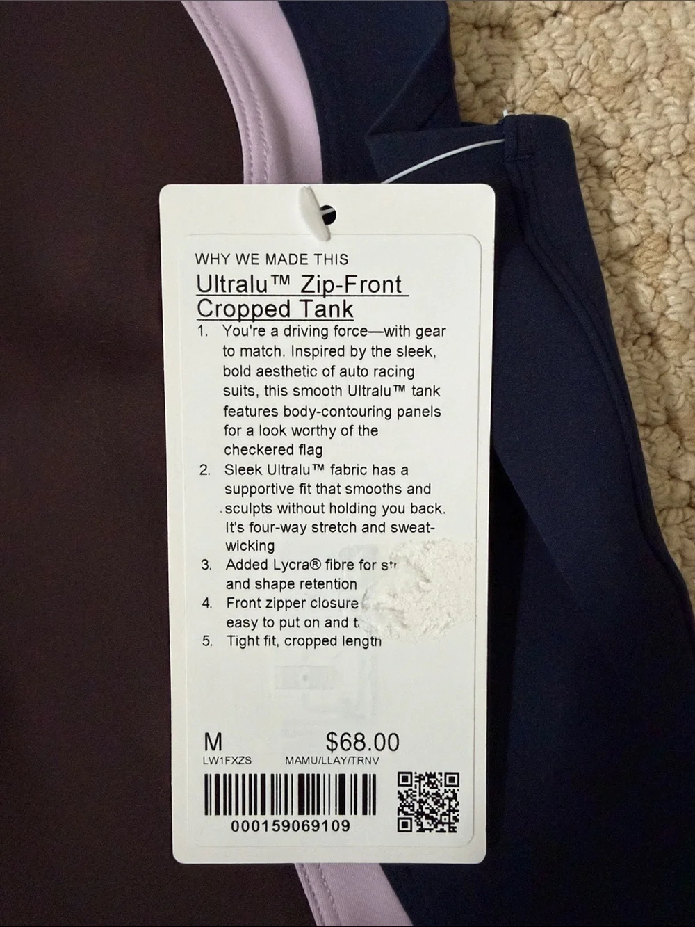 lululemon Zip-Front Cropped Tank - Navy with Lilac Trim